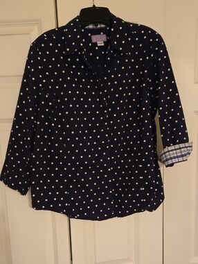 Laura Scott Navy Shirt with White Polka Dots